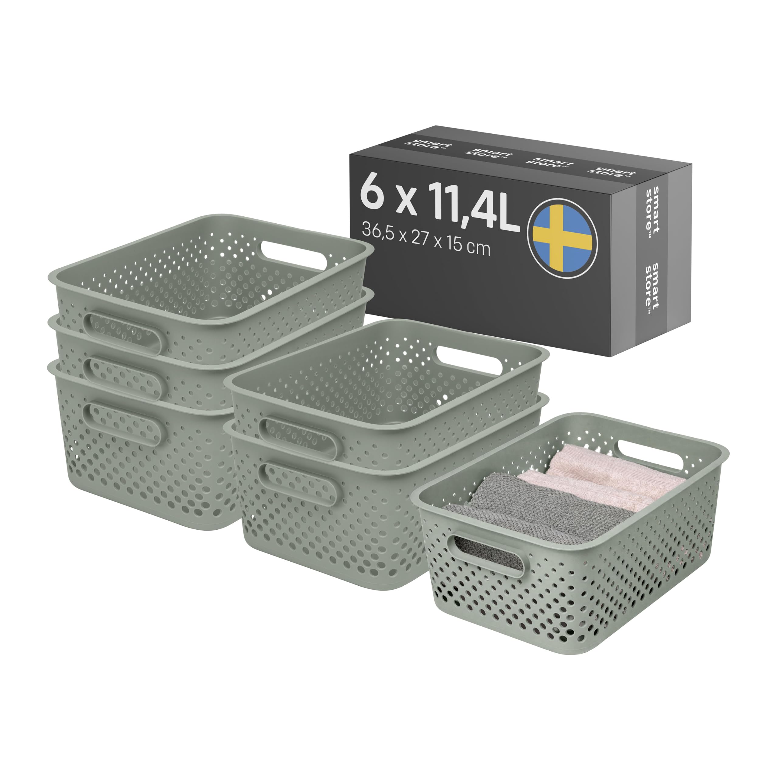 smartstore-essence-aufbewahrungskorb-11-4l-gr-n-6er-set-mit-griffen-36-5x27x15cm image 1